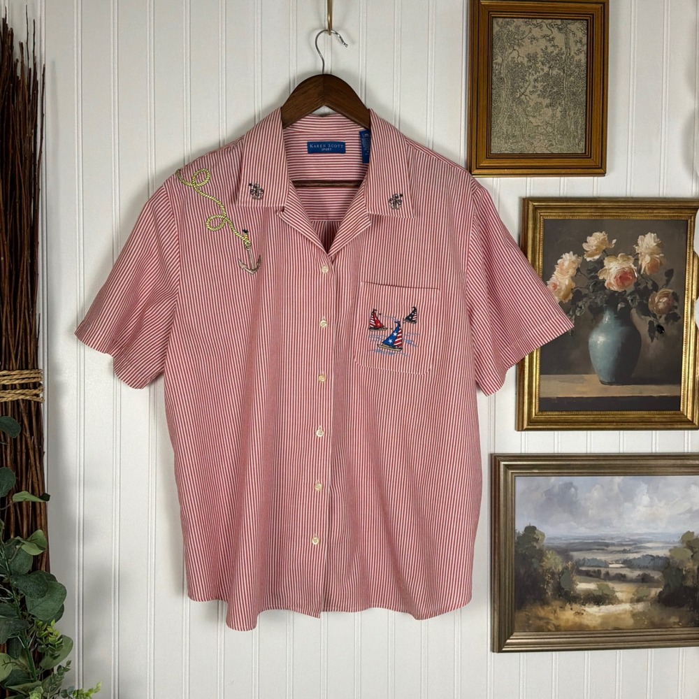 Karen Scott Sport Button Up Shirt Womens XL Red White Striped Excellent Nautical
